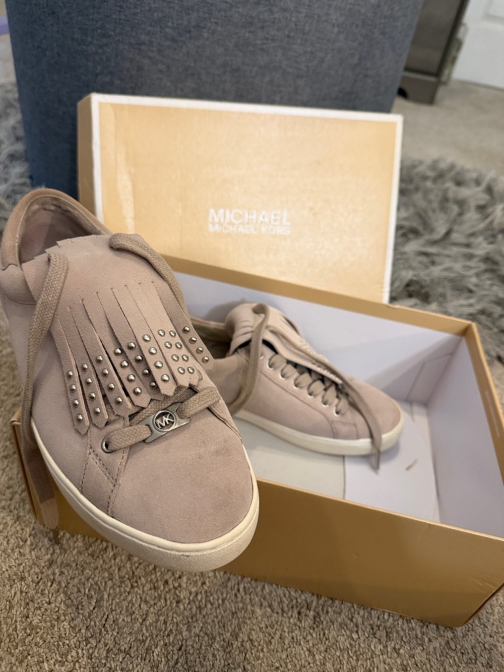 Michael Kors Taupe Suede Fringe Studded Low-Top Sneakers